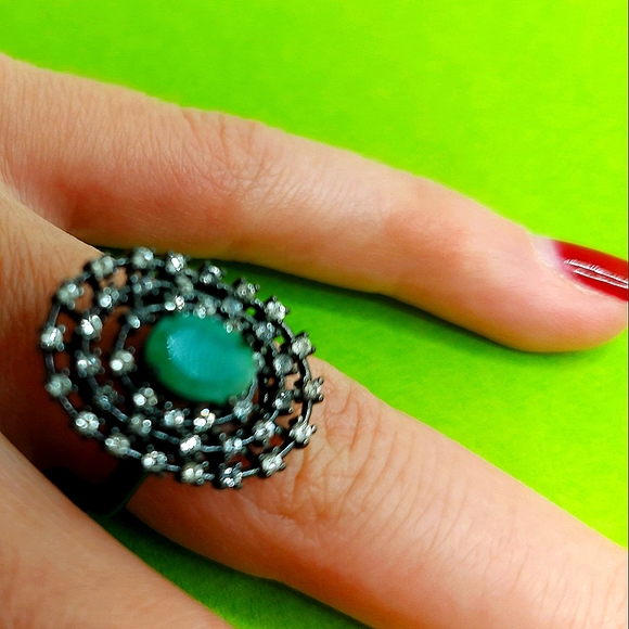 Natural Green Emerald 7x5mm White Topaz 925 Sterling Silver Ring Size 6.… - Picture 4 of 7